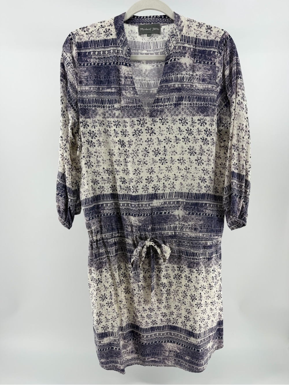 Michael Stars Boho Aztec Tie Waist Shirt Dress Purple Cream, Women's Medium